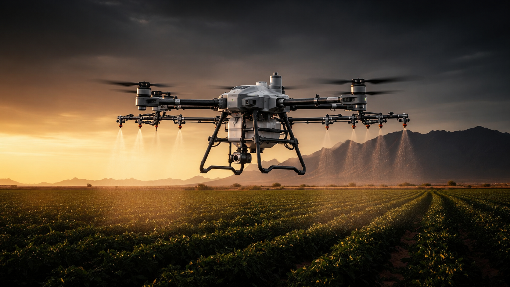Fieldmark spray drone over working farmland